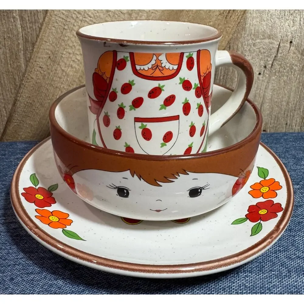Vintage Ceramic Girl Stacking Childrens Snack Set Mug Bowl Plate Interpur Japan